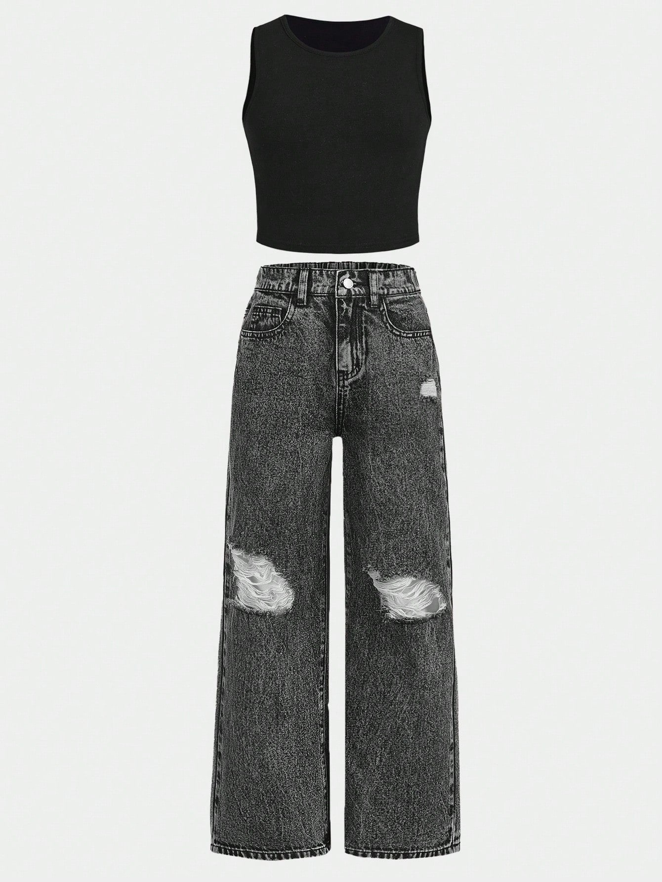 Tween Girl Spring Summer Boho Trendy 2 Pieces Solid Tank Top Vest& Stonewashed Distressed Ripped Denim Straight Leg Jeans Set,Summer Girls Set Clothes Outfits