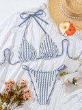 Swim Vcay Striped Halter Neck Bikini Set, Summer Beach