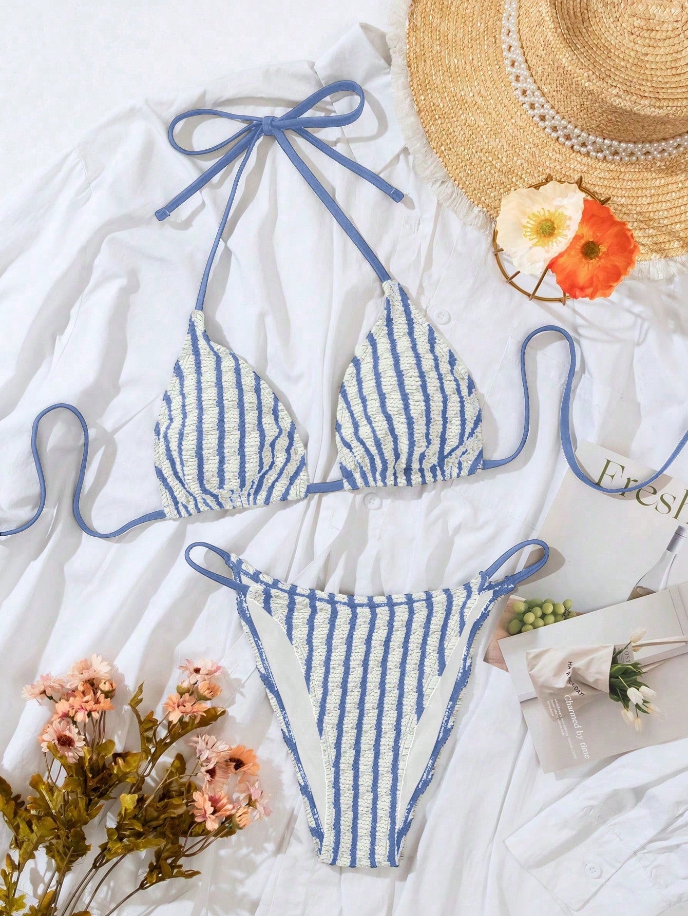 Swim Vcay Striped Halter Neck Bikini Set, Summer Beach