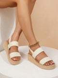 Beige Women's Wedge Sandals With Criss Cross Straps And Elastic Shoelaces, Versatile Geometric Pattern, Fine And Dark Lines Woven Shoelaces, High Heels And Thick Platform, Suitable For Four Seasons