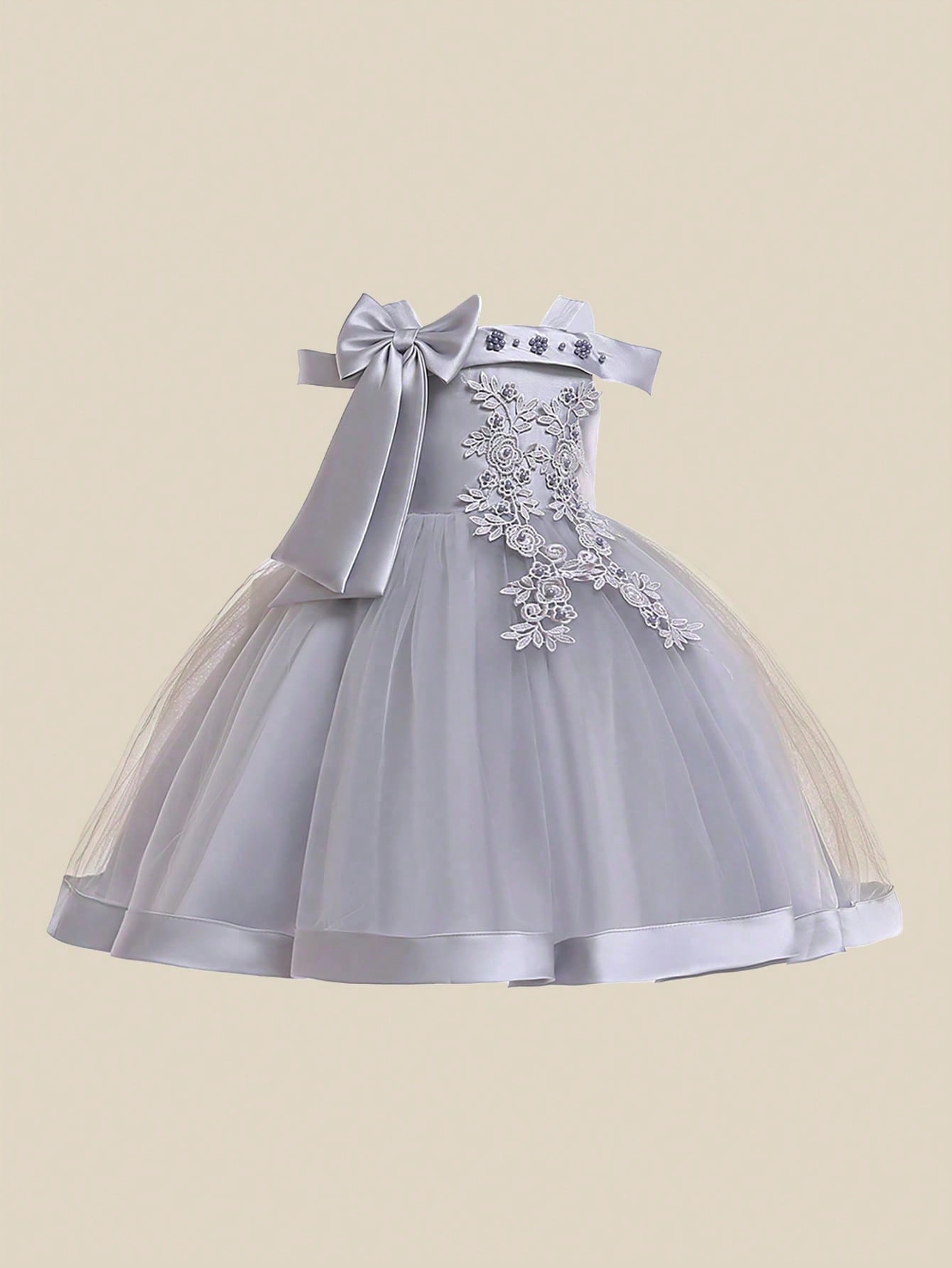 Young Girl Solid Color Organza Splicing Satin Bow Decoration Off-Shoulder Fluffy Dress, Elegant And Gorgeous Dress For Birthday Party