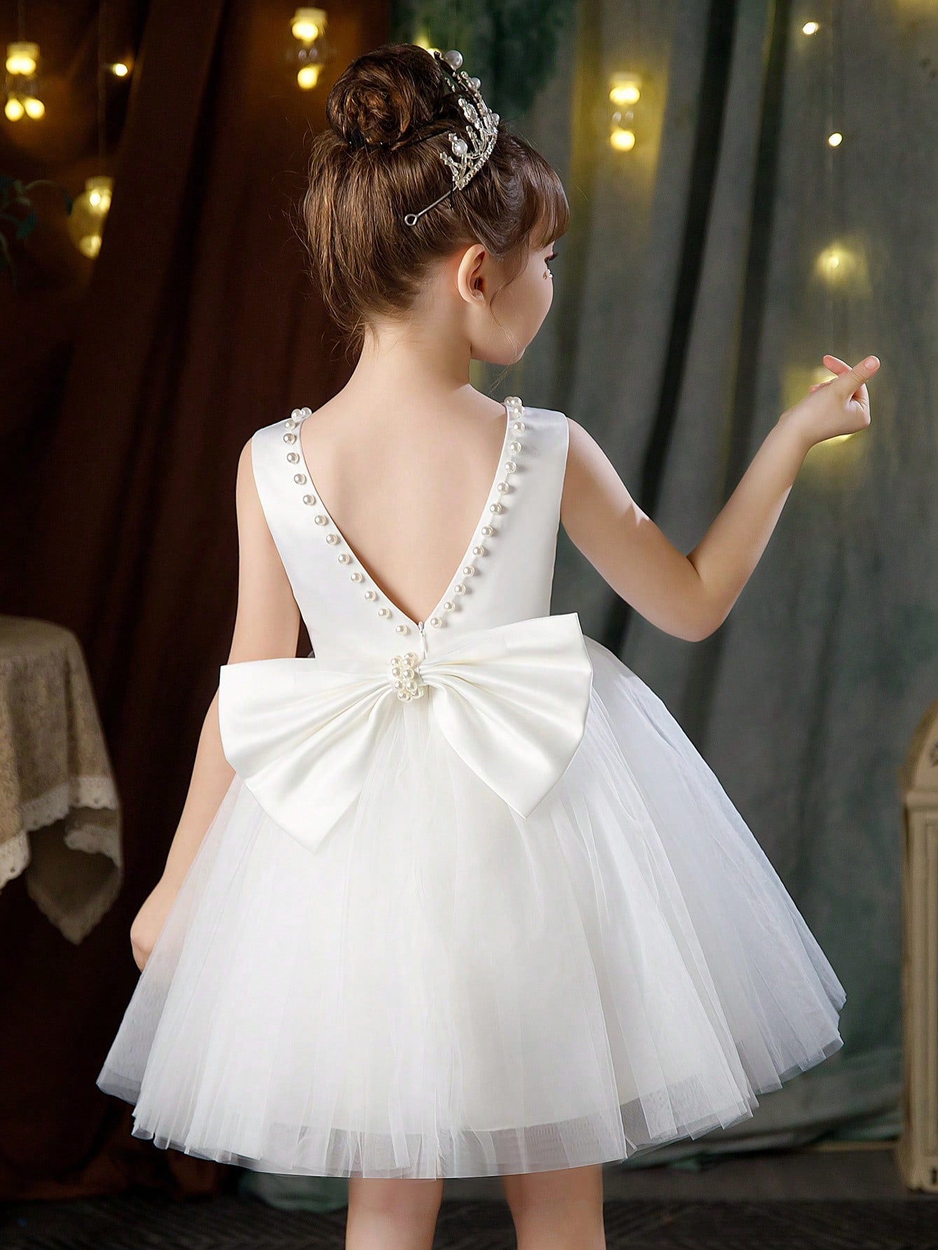 Young Girl Pearl Decor Bowknot Back Mesh Princess Dress, Suitable For Birthday, Party, Dance, Festival, Celebration, Wedding Flower Girl, Stage Show Performance