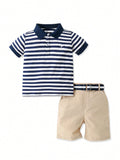 Young Boy Embroidered Dinosaur Striped Contrast Color Short Sleeve Polo Shirt And Casual Shorts Two Piece Set, Summer