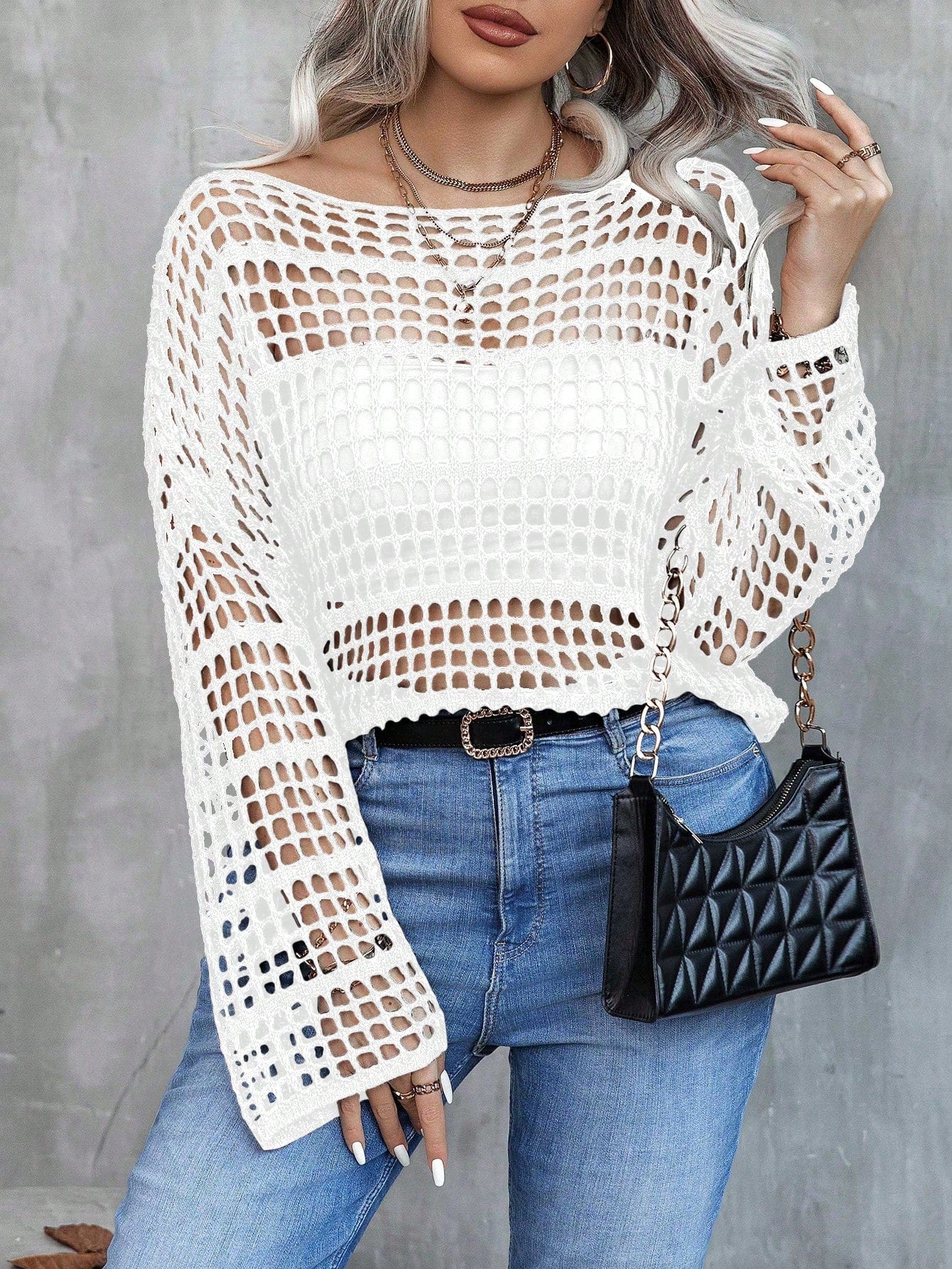 Plus Size Women's Fashionable Summer Loose Fit Hollow Out Sweater Pullover