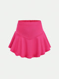 Tween Girl Summer Casual And Comfortable Knitted Solid Skort With Ruffle Hem