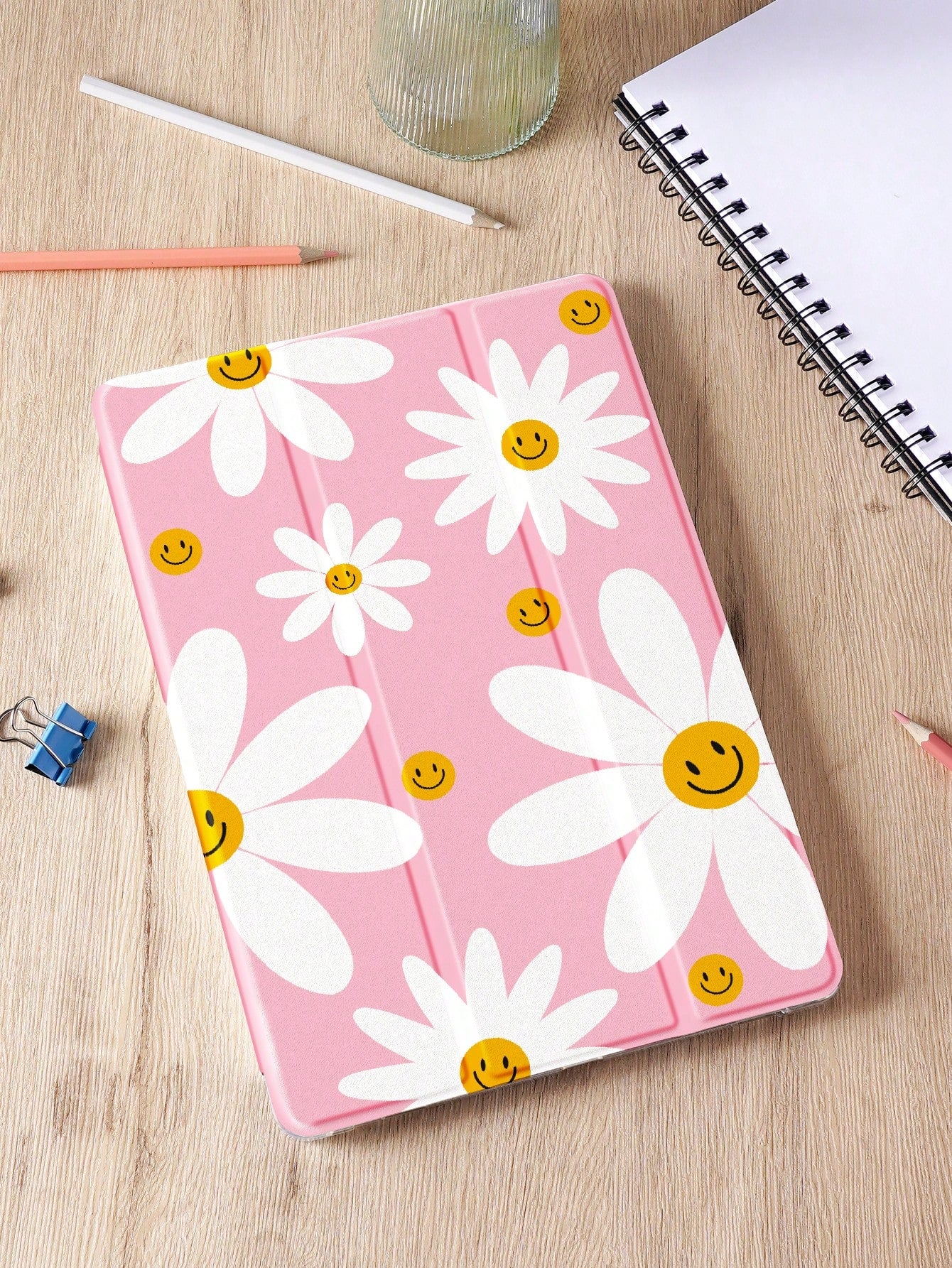 Flower 1pc Cute Smiling Daisy Pattern Tablet Case With Drop Protection, Pencil Holder, Sleep/Wake Functionality, Compatible With Samsung, Huawei, Xiaomi And Ipad