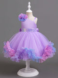 Blossomsprite Kids Young Girl Solid Color Asymmetric Neckline Mesh Patchwork Party Dress