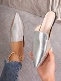 Women's Silver Patent Leather Mules Flat Shoes With Pointed Toe And Square Heel, For All Seasons, 2024 Europe, America, Fashion Party