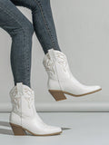 Women's White Boots, Autumn/Winter Western Style Booties, Ankle Boots And Short Boots With Embroidery And Slip-On Design