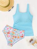 Swim Summer Beach Women's Solid Color Ruched Tankini Top And Allover Printed Swim Bottoms Set