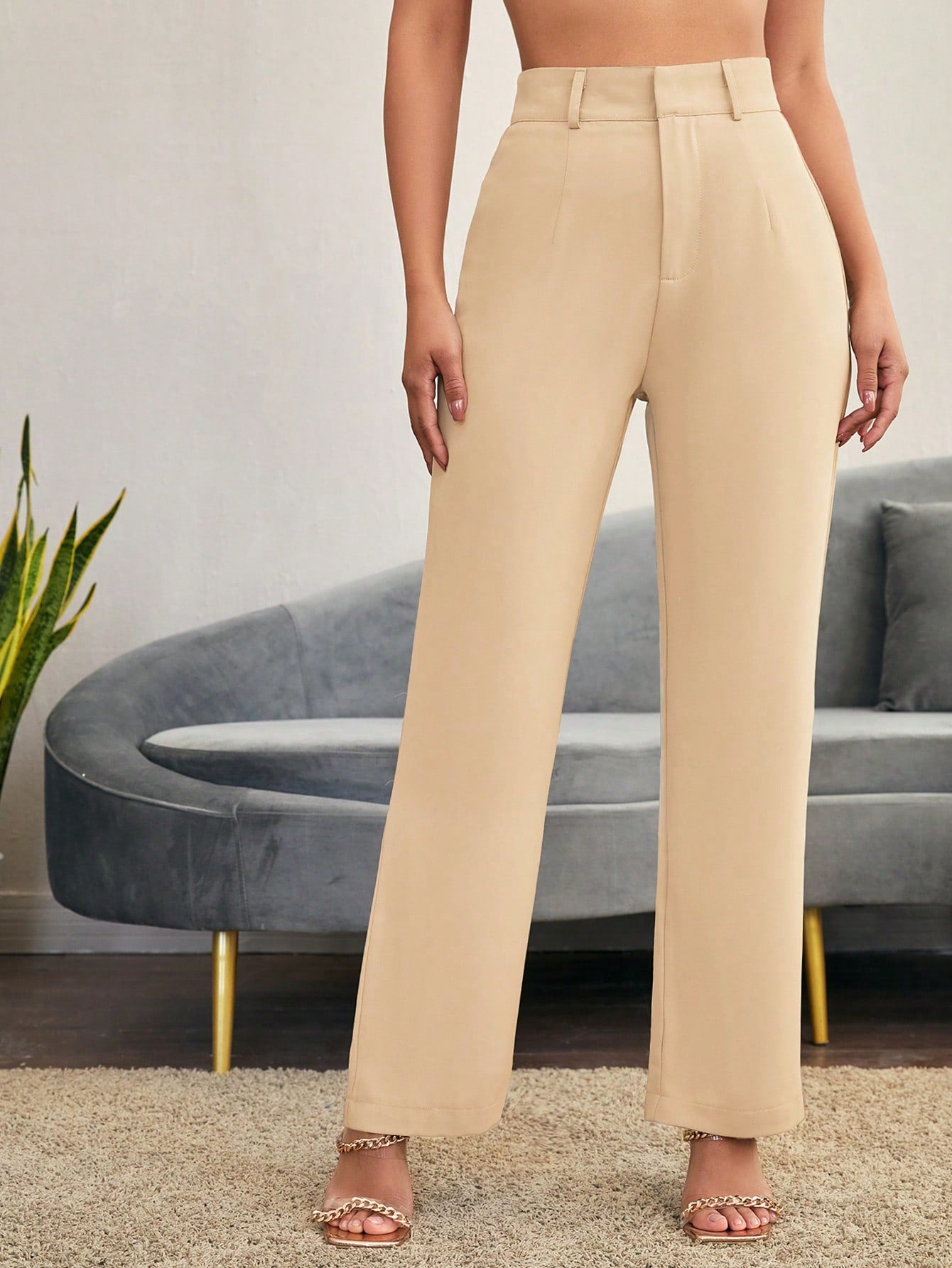 Solid Color Zipper Fly Straight Leg Suit Pants
