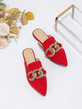 Women's Elegant Pointed Toe Red Velvet Mule Slippers With Large Metal Buckle And Circle Decoration On Low Heels