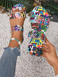 Women Fashionable Round Toe Foreign Trade Large Size Open Toe Letter Print Graffiti Blue Transparent Strap Beach Flat Slipper