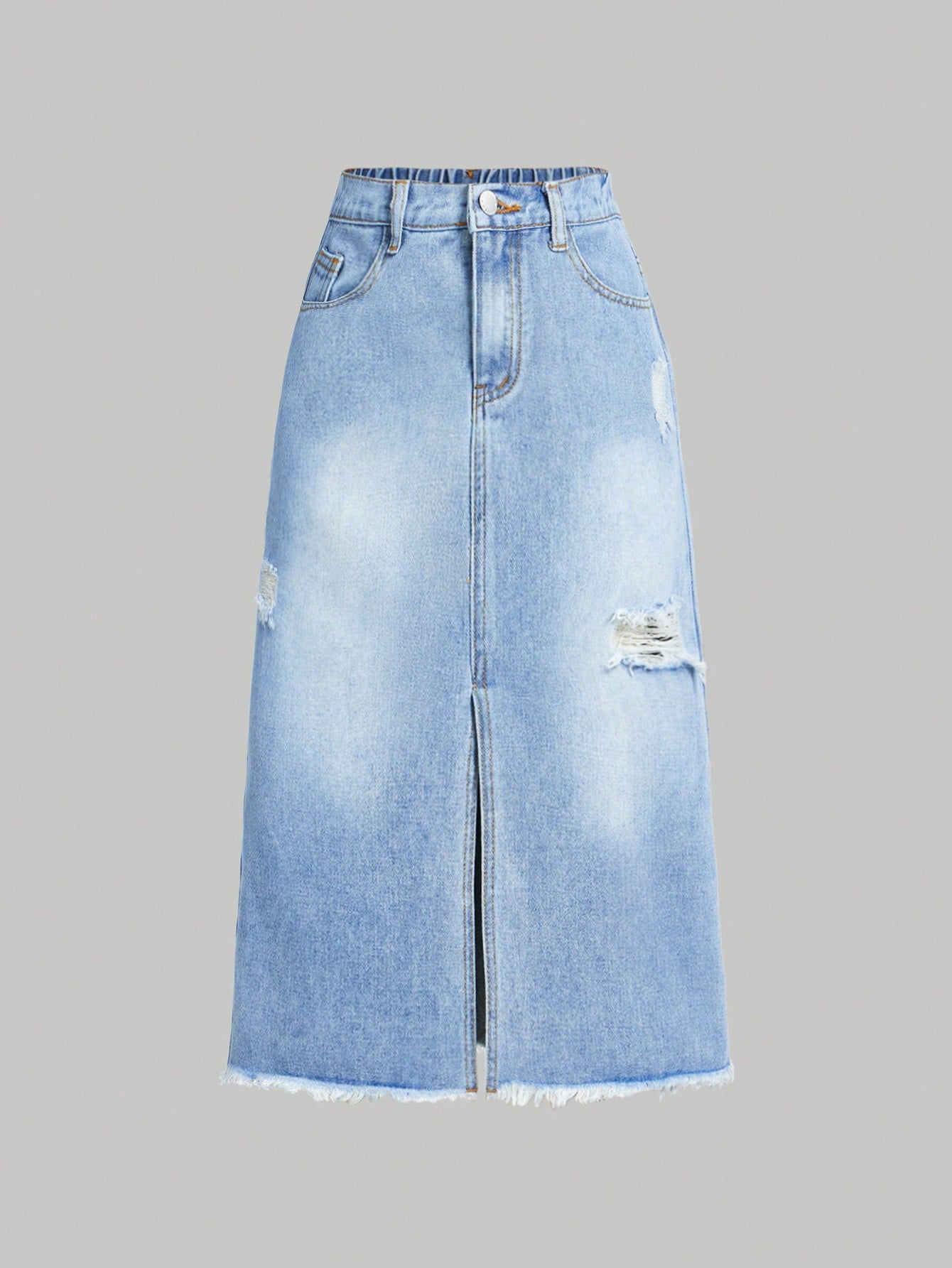 Tween Girls' Spring/Summer Distressed Denim Skirt With Frayed Hem And Split