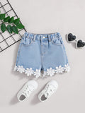Young Girl Spring Summer Boho Cute Lace Trim Elastic Waistband Loose Fit Comfortable Denim Shorts