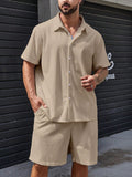 Men's Plus Size Short Sleeve Shirt And Shorts Set, Suitable For Summer