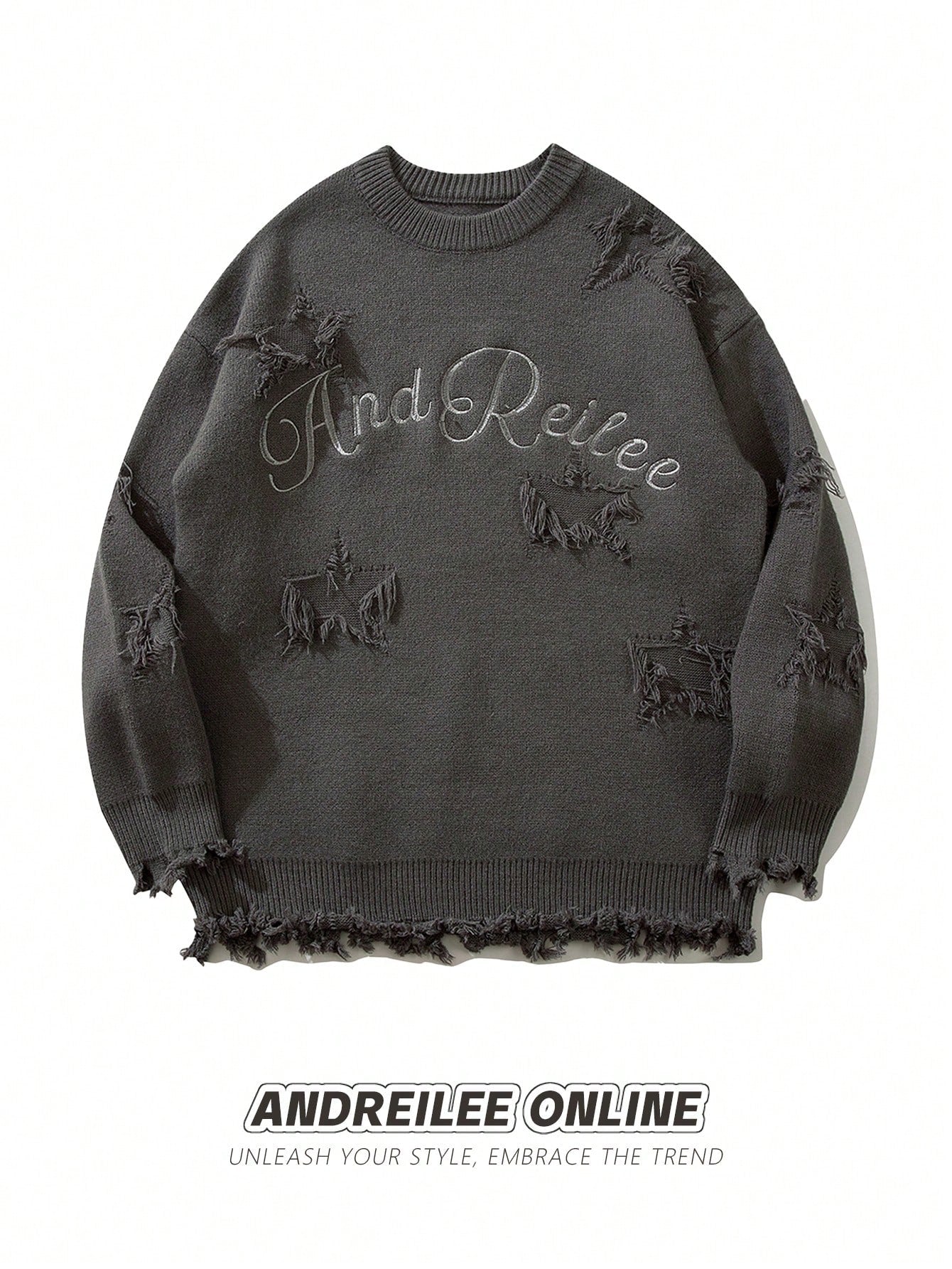 Unisex Letter & Star Embroidery Distressed Fringe Loose Knitted Pullover Sweater, Casual Streetwear, Versatile, Suitable For Spring, Autumn And Winter