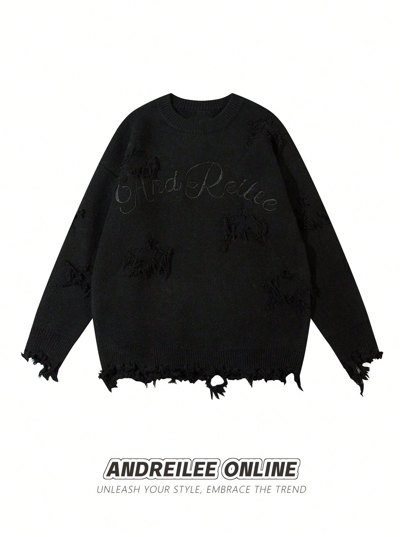 Unisex Letter Embroidered Star Distressed Fringe Hem Loose Casual Long Sleeve Knit Sweater