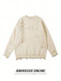 Unisex Casual Loose Fit Knitted Sweater With Letter, Star, Distressed And Tassel Details, Suitable For Spring, Autumn And Winter