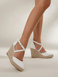White Woven Upper Hollow Out Women Wedge Sandals & Thick Bottom Shoes With Rope Sole