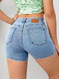 Alphabet Badge Stretchy Slim Fit Denim Shorts