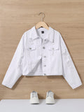 Tween Girl Spring Summer Boho Casual Distressed White Cotton Denim Jeans Jacket With Patched Pockets,Summer Girls Clothes Concert Outfits