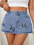 Plus Size Women Frayed Edge Five-Pointed Star Pocket Casual Denim Skirt