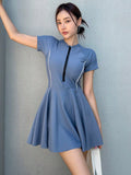 Ladies Vacation Zipper Half-Placket Cutout Shoulder Short Sleeve Leisure One-Piece Swimsuit