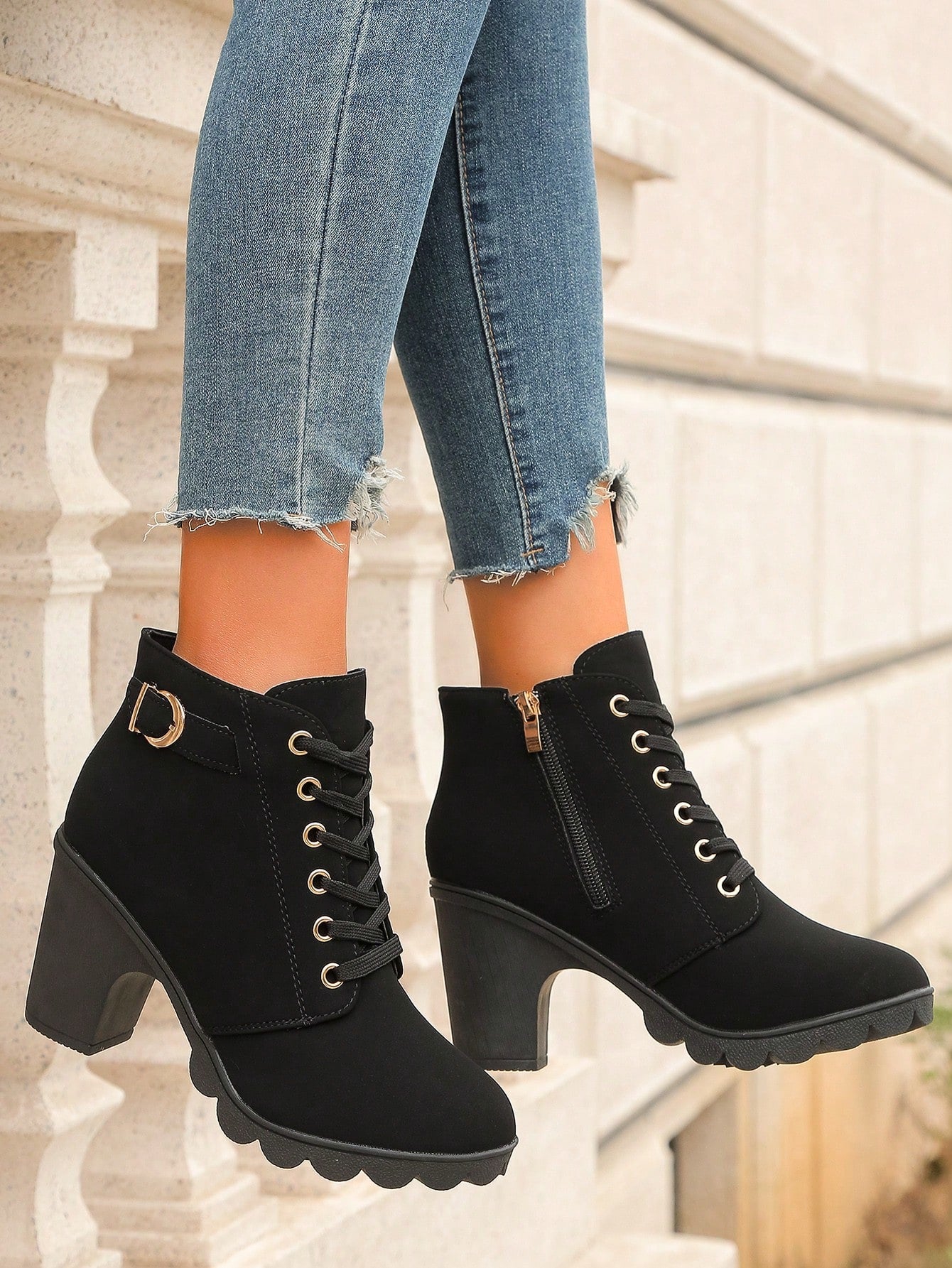 Elegant Women Fashionable Boots With Buckle Decoration, Front Lace-Up, Side Zipper And Chunky Heels