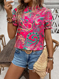 Vacation Print Blouse With Ruffle Neckline And Elastic Bubble Sleeves