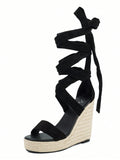 Vacation Apricot Sandals For Women, Tie Leg Design Espadrille Strappy Wedge Sandals