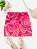 Marble Print  Allover Print Lettuce Hem Mesh Skirt