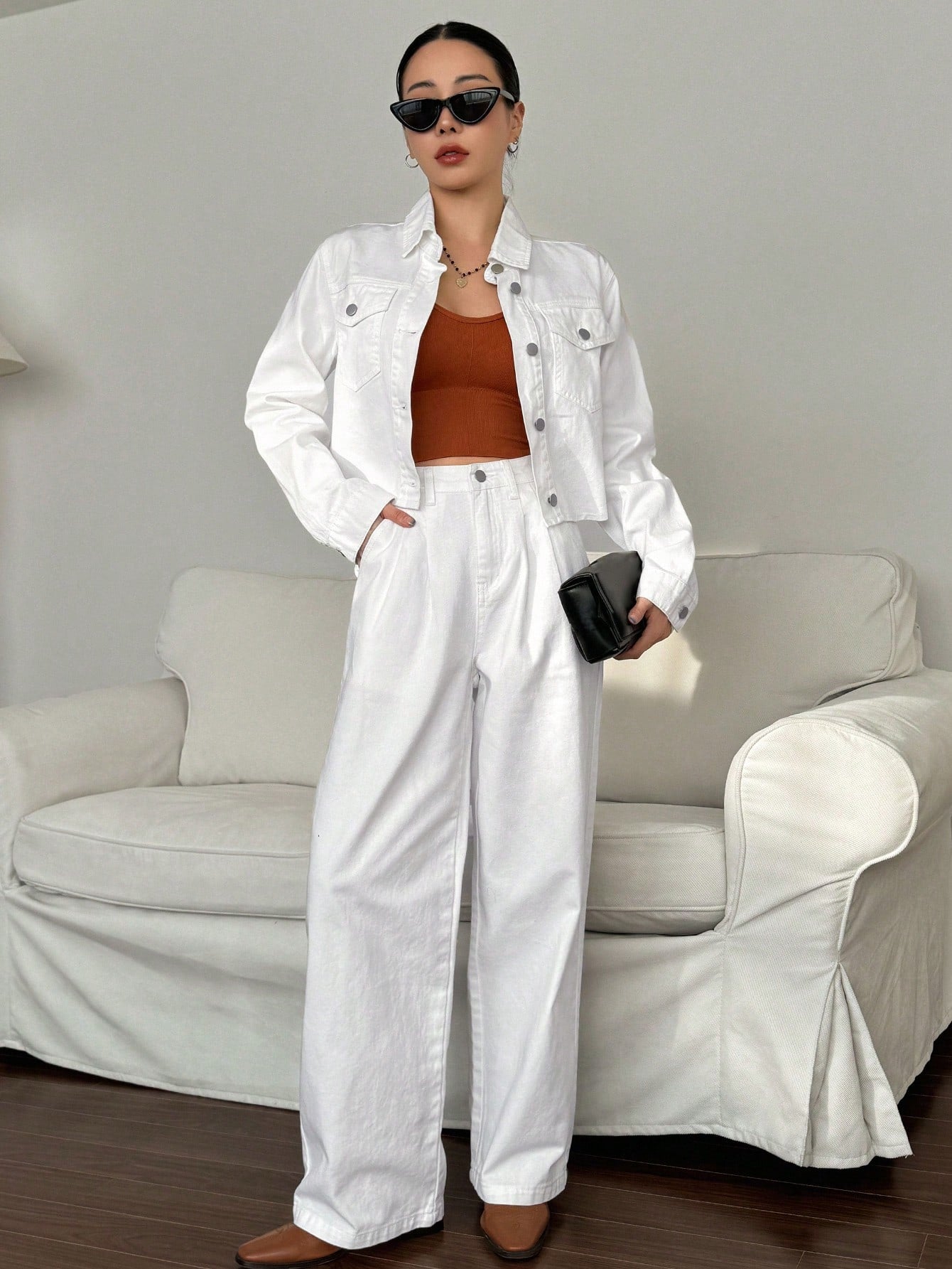 Ladies" Stylish Solid Color Denim Jacket And Pants Set