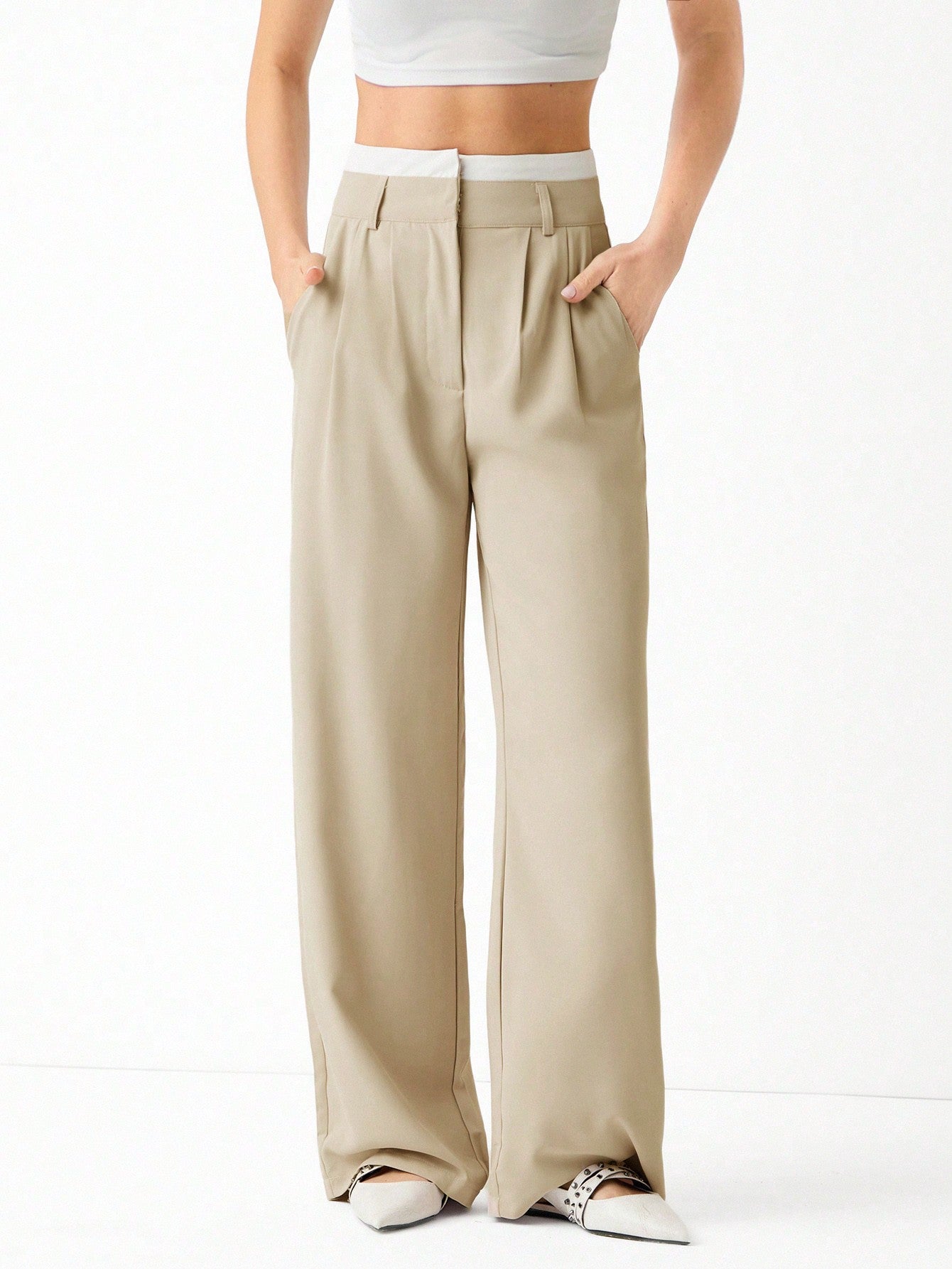 High Waist Plicated Detail Wide Leg Suit Pants