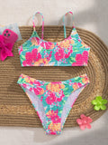 Swim Mod Women Summer Beach Fashionable Vacation Style Flower Print Bikini Swimwear Set