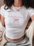 Women Summer Slogan Bow Detail-Knot Print Round Neck Short Sleeve Casual T-Shirt