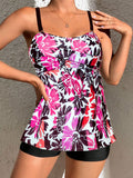 2pcs Floral Printed Cross Front Cami Top And Black Tankini Bottom Sport Swimsuit Set