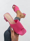 Women Hot Pink Mules With Open Toe, Chunky Mid Heel And Slip-On Buckle, Breathable Knitted High Heel Sandals For Summer