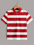 Tween Boy Red & White Striped Half Button Casual Polo Shirt