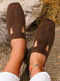 Knitted Flat Square Toe Slip-On Mom Casual Shoes Breathable Anti-Slip Driving Loafers Comfortable Shallow Mouth For Spring And Autumn