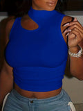 Women Plain Stand Collar Hollow Out Slim Fit Cropped Tank Top For Summer