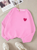 Heart Embroidery Round Neck Fleece Sweatshirt