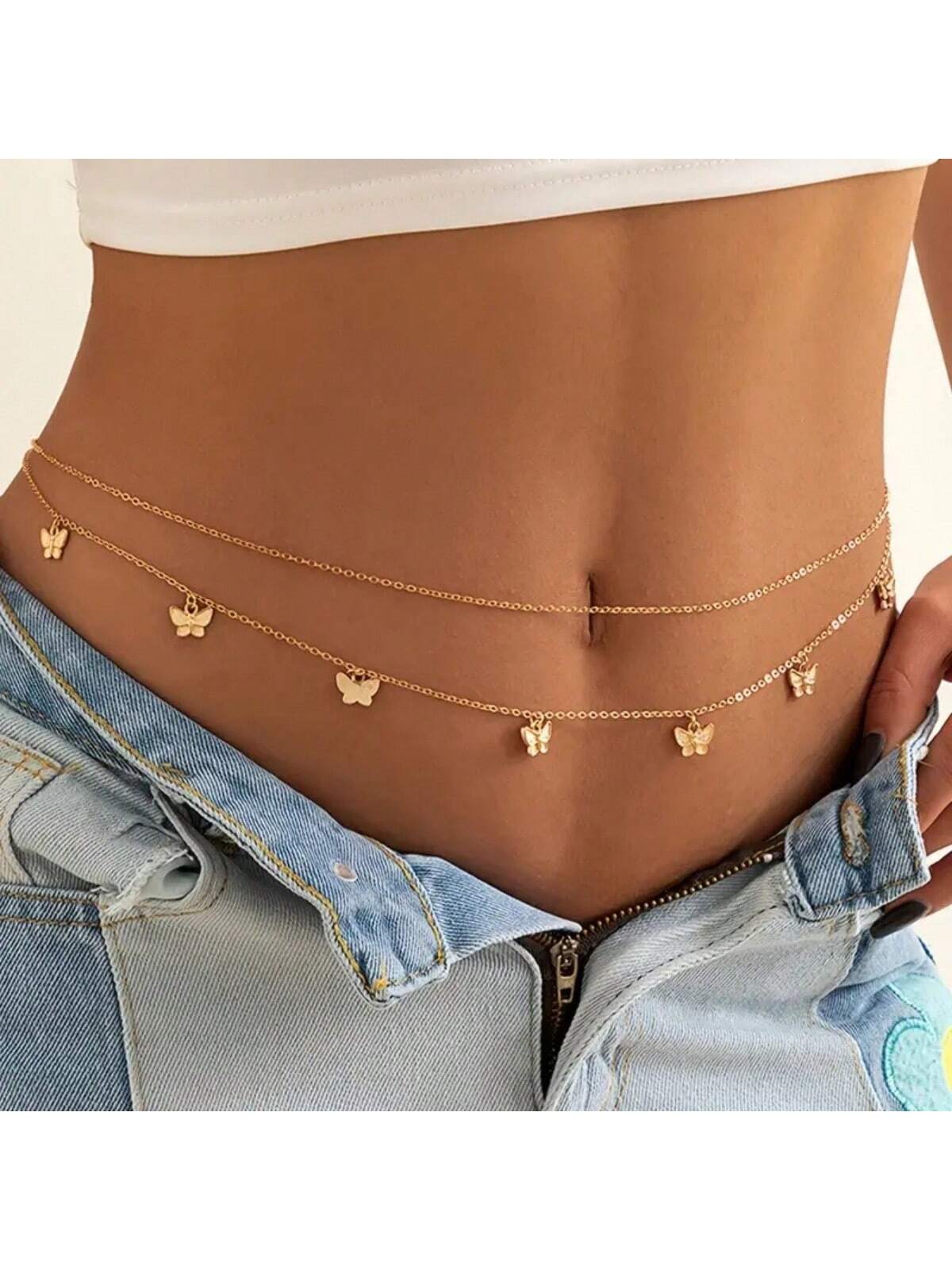 1pc European And American Cross-Border Jewelry, Punk And Vintage Metal Chain Butterfly Adjustable Multi-Layer Waist Women Fashion Body Chain