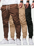 3 Pcs Men Spring And Autumn Fashionable Solid Color Basic Casual Pants With Regular Fit, Pockets, Elastic Waist And Drawstring For Outing And Sports