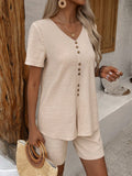 V-Neck Button Decorated Loose Top And Shorts Two-Piece Set Short Sets Summer