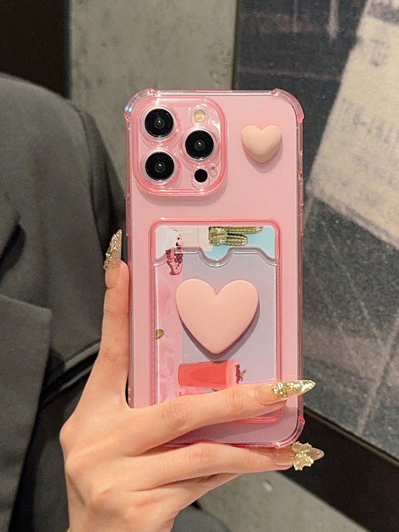 Push-Pull Transparent Dual Heart Decor Sticker Frame Card Holder Apple Phone Case