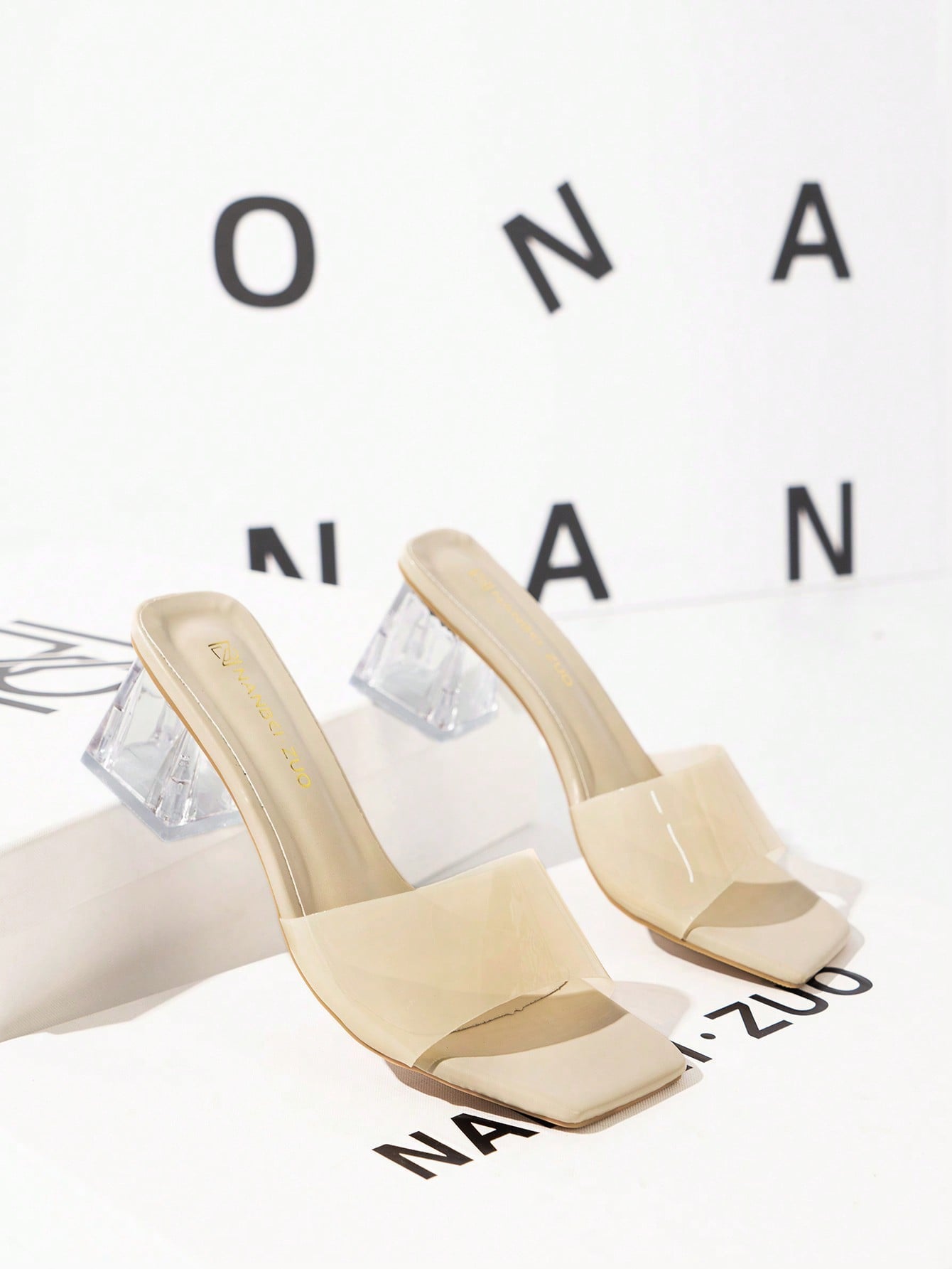 Women's Transparent Strap Asymmetrical Heel Apricot Color Cool Slippers, Ideal For Wedding And Other Activities, Comfortable Apricot Color Transparent Heels, Women's Open Toe Sexy Party Style Cool Sandals, New Spring And Summer High Heel Cool Sandals For