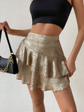 Women's Double-Layered Metallic Texture Ruffle Hem Skirt