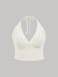 Plus Size Solid Casual And Versatile Spring/Summer Knitted Top With Neck Strap