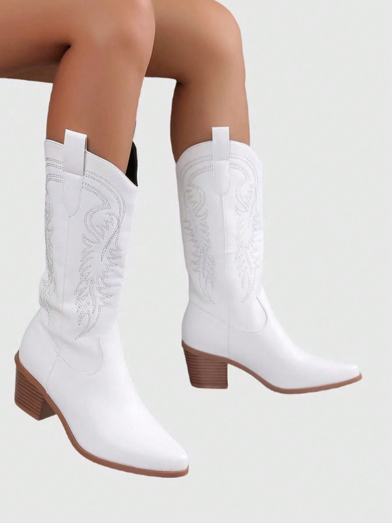 Fairycore Women's Solid High Heeled Mid-Calf Boots, Cowboy Western Boots For Women